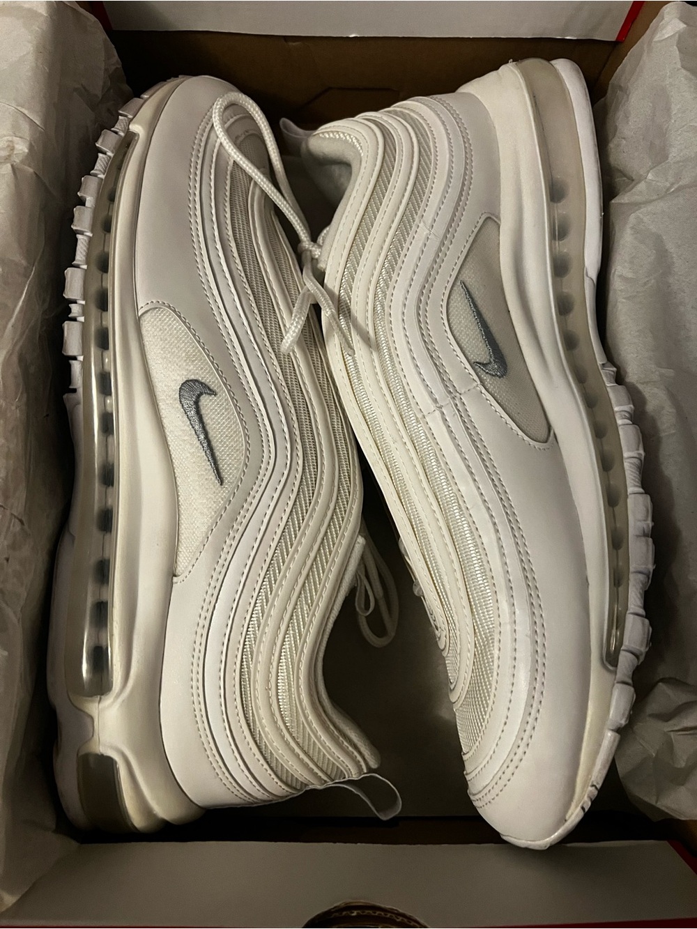 Nike Men’s Triple White Wolf Grey Air Max 97 in White and Grey